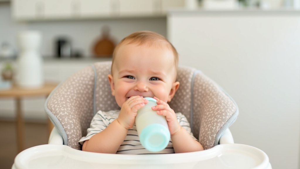 Baby drinking from a bottle in a highchair, enjoying a healthy meal in a bright kitchen.