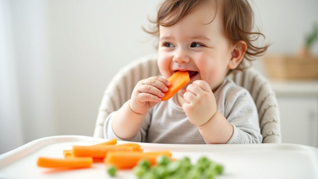 A baby enjoying finger foods like soft steamed carrots and peas. The baby is seated in a highchair, using tiny hands to pick up and explore the food, showcasing curiosity and healthy eating habits.