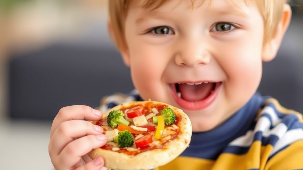 Cheerful toddler enjoying a mini pizza topped with cheese and colorful vegetables, illustrating fun toddler lunch ideas that are nutritious and appealing for lunch.