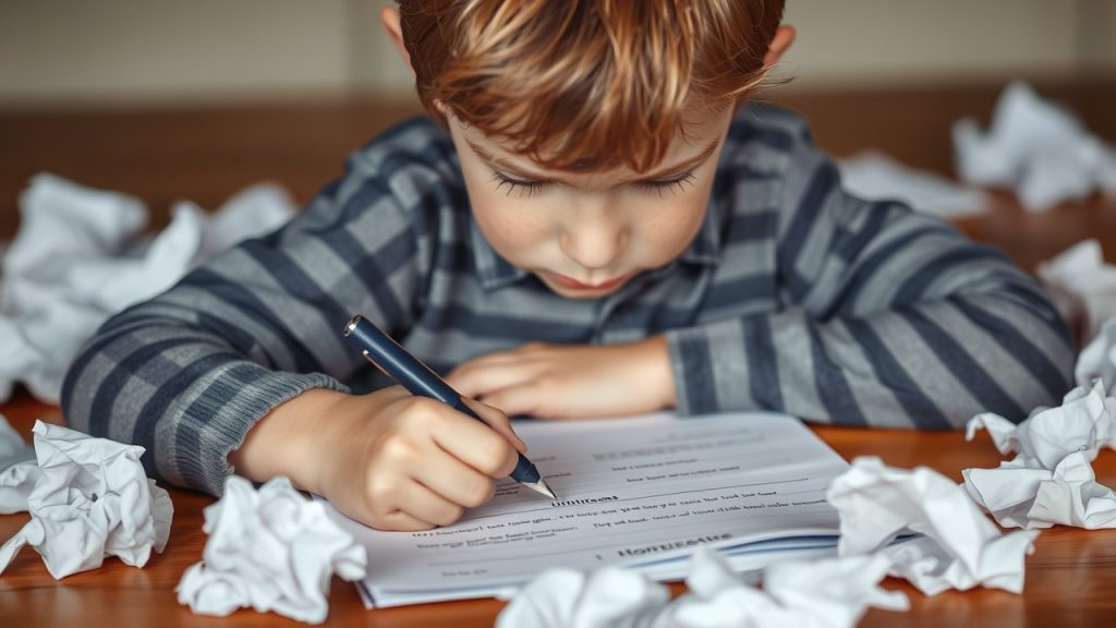 Child stressed over homework with crumpled papers, illustrating the perfectionism and anxiety associated with OCD in children.