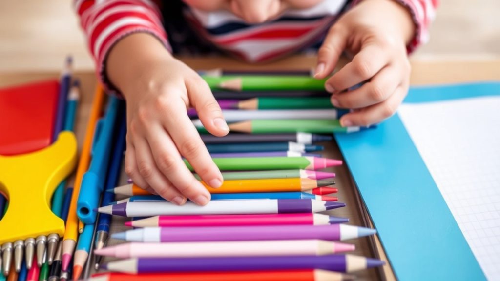 Close-up of a child's hands organizing school supplies, highlighting the obsessive-compulsive behaviors of children with OCD.