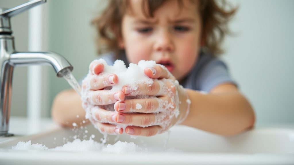 Close-up of a child's hands washing in a sink, illustrating OCD symptoms in kids, specifically excessive handwashing behaviors.