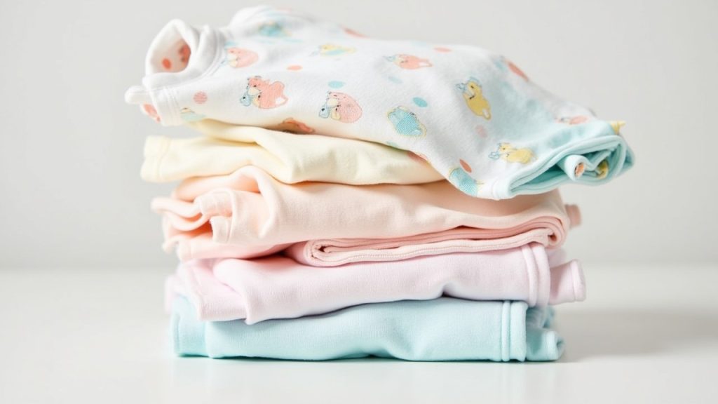 Folded stack of soft Carter’s baby clothes in pastel colors, highlighting durability and variety for parents.