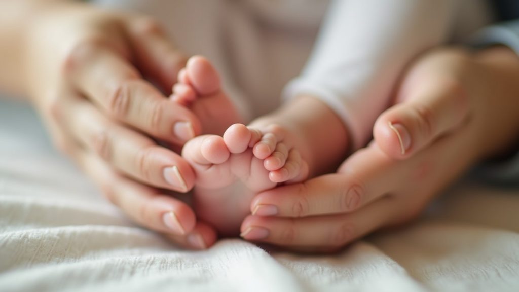 Close-up of hands performing newborn massage techniques on baby’s feet, showcasing the soothing effects of infant massage.