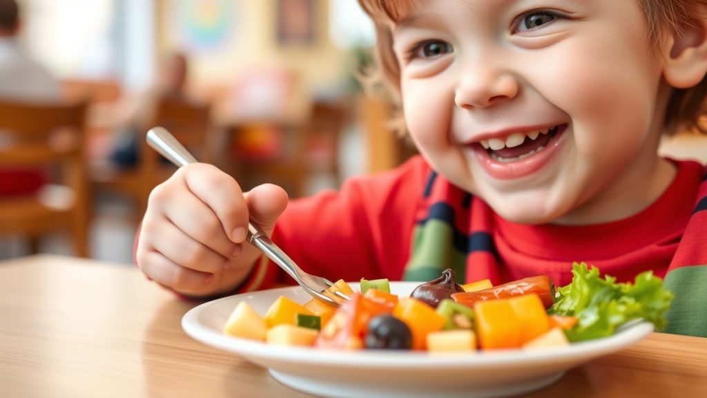 Toddler enjoying healthy lunch ideas with colorful fruits and vegetables, showcasing the joy of nutritious meals for picky eaters.