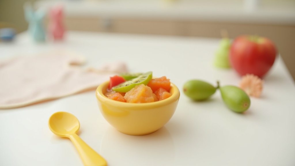 Homemade healthy baby food in a bowl, showcasing nutritious ingredients for families with a new baby.