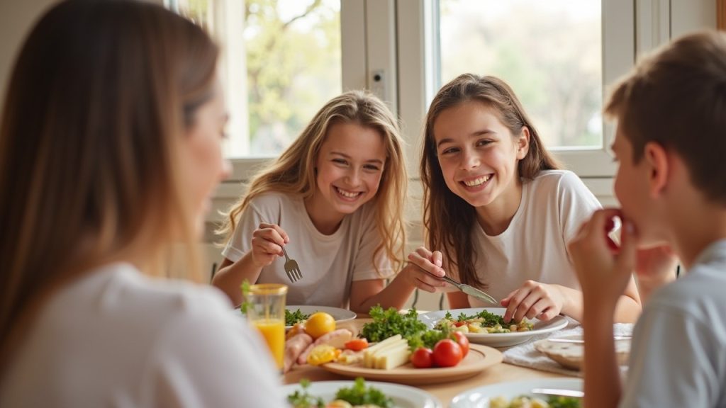 A supportive family eating dinner together, showing the role of a positive home environment in helping children with OCD thrive.