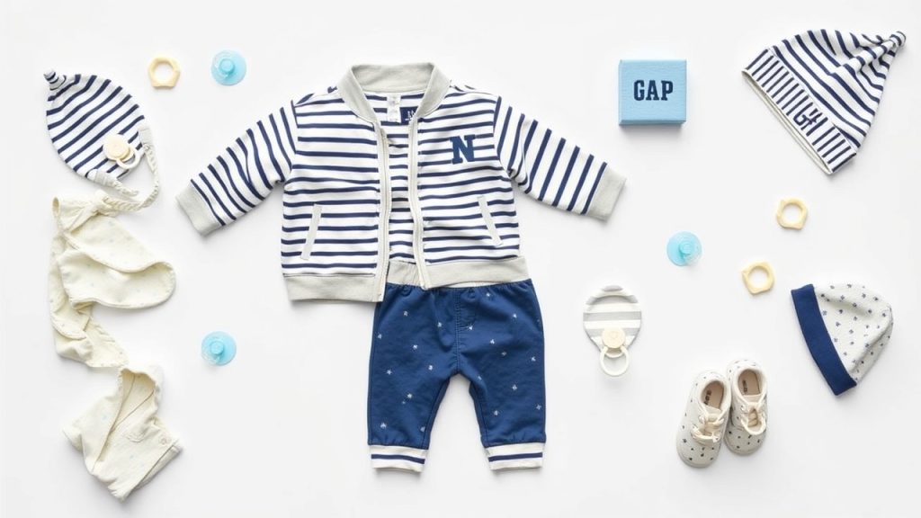 Flat lay of Baby Gap clothing and baby essentials, featuring the best Baby Gap styles for newborns and infants.