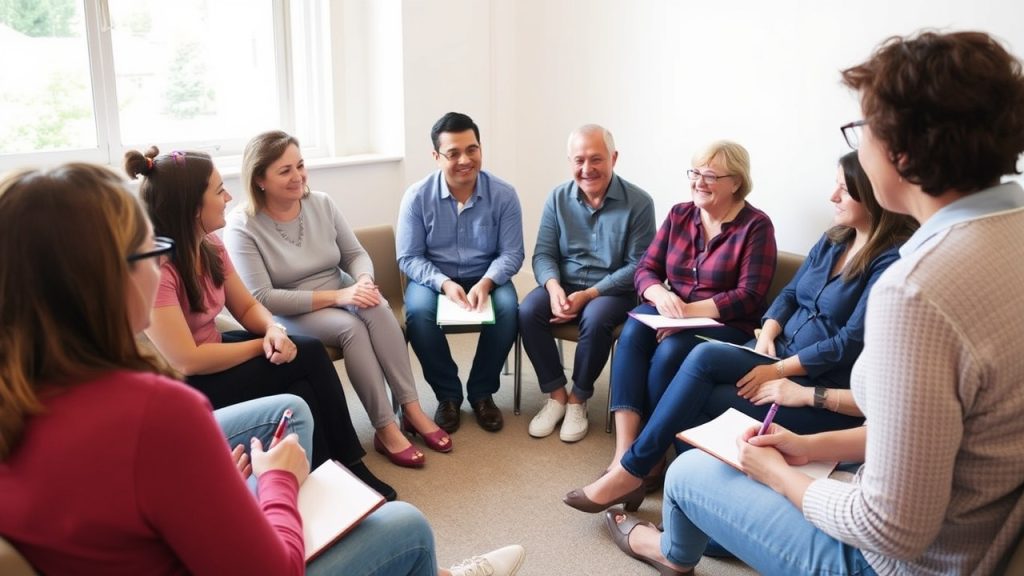 A group of parents in a support group discussing how to help their children with OCD, highlighting the importance of community support for families.