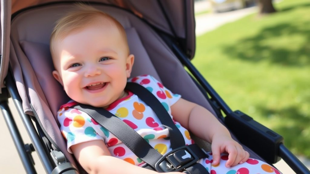 Baby smiling in a Baby Gap outfit outdoors, showcasing the best baby clothes for newborns and toddlers.