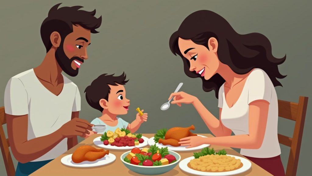 A family of three sharing a nutritious dinner at the table, highlighting healthy meal options for new parents.