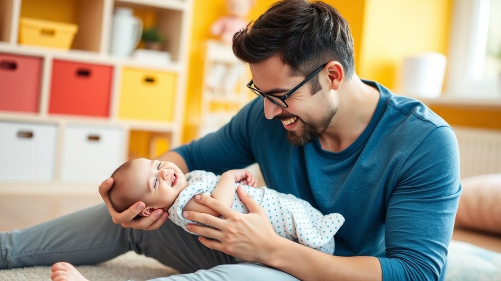 Father bonding with newborn through postpartum infant massage, strengthening their relationship and enhancing shared parenting experiences.