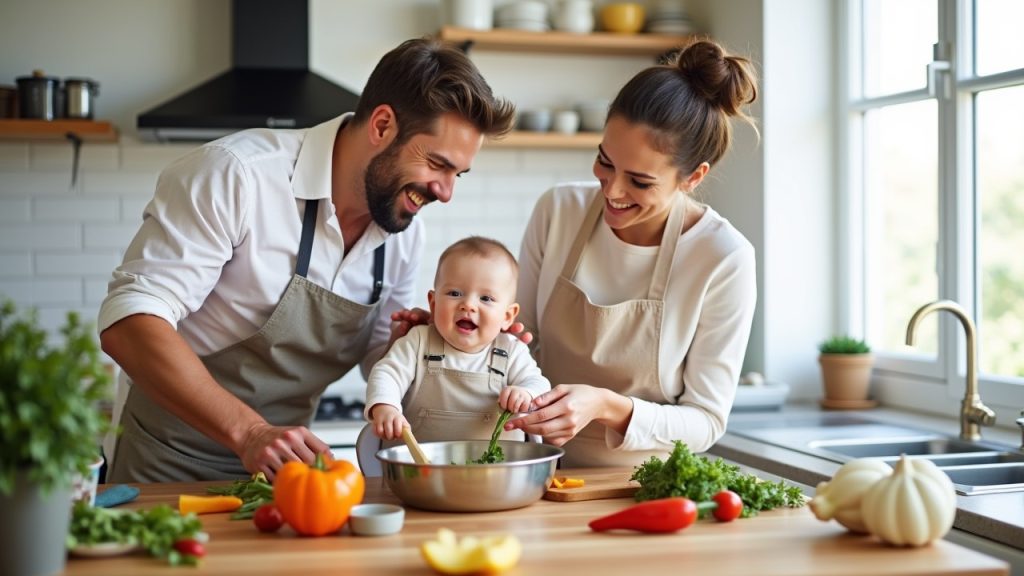 A family cooking together in the kitchen, promoting bonding over healthy meals with a new baby.