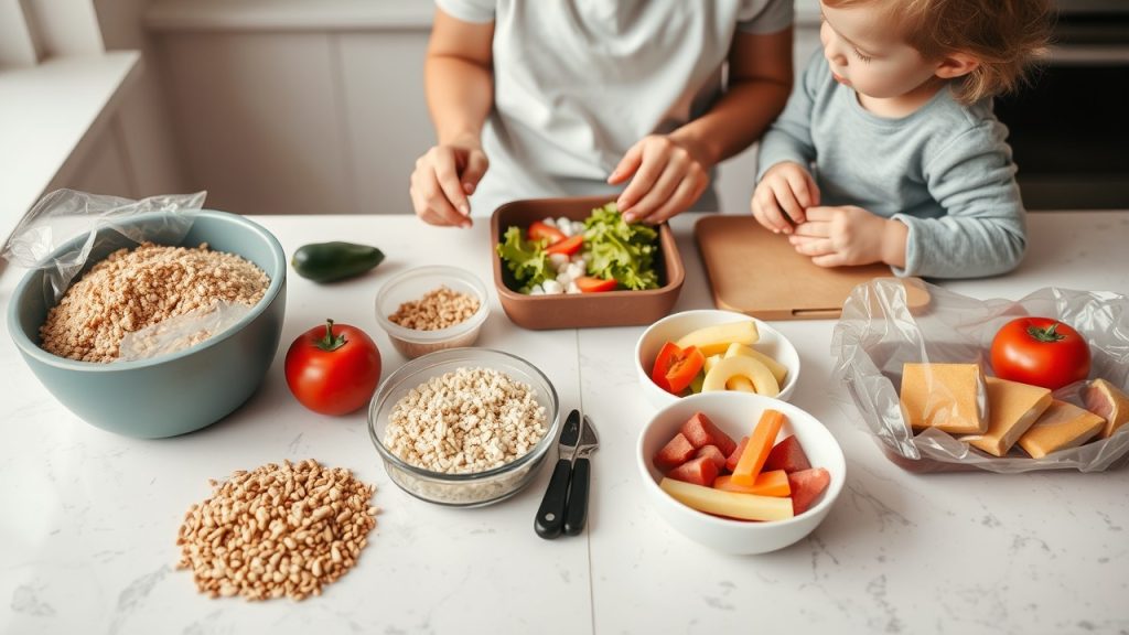 Parent preparing lunch, featuring fresh ingredients and wholesome snacks for nutritious meals.