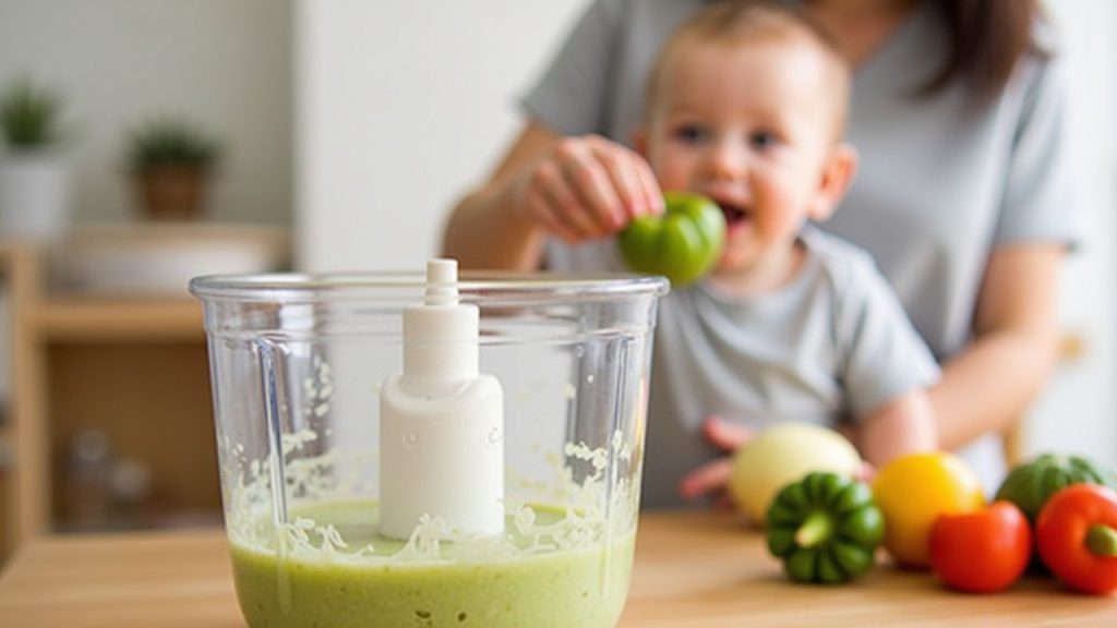 Parent making homemade baby food using fresh vegetables and fruits with a blender on the kitchen counter.