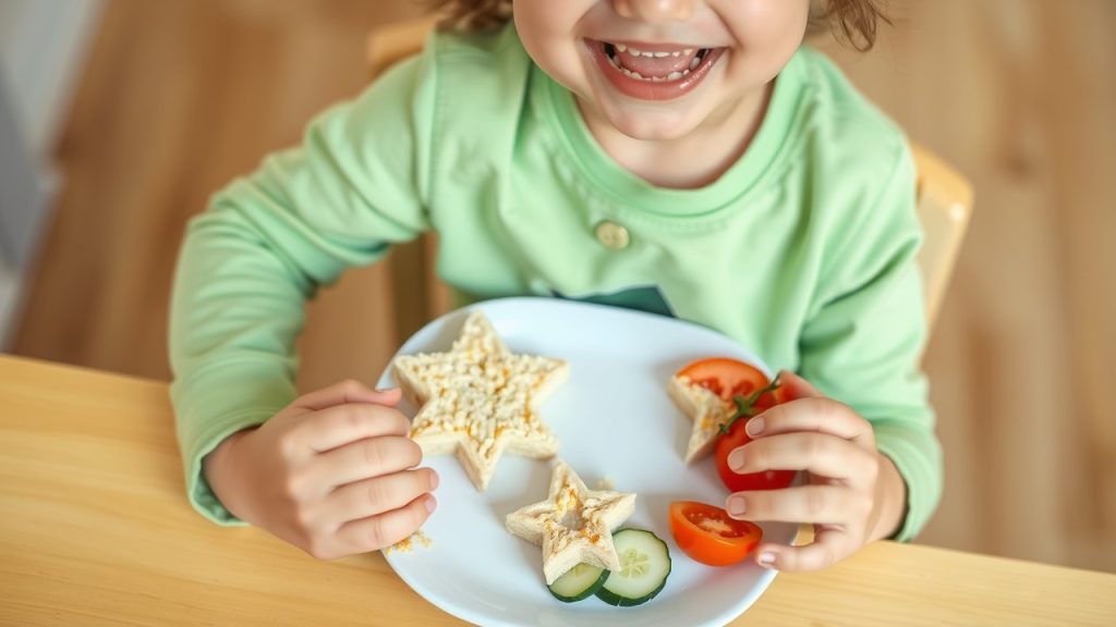 A toddler enjoying star-shaped sandwiches and colorful veggies at lunch, showcasing fun and creative meal ideas for toddlers. Perfect for parents looking for engaging lunch options.