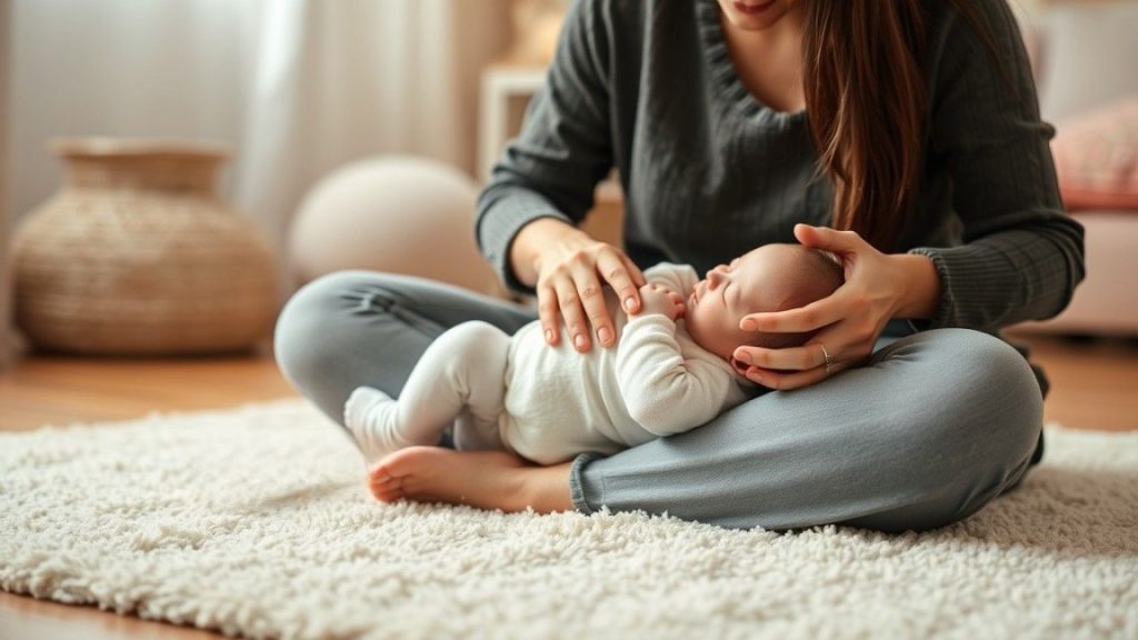 Parent gently massaging newborn's arms on a soft rug, illustrating the benefits of postpartum infant massage for emotional connection and security.