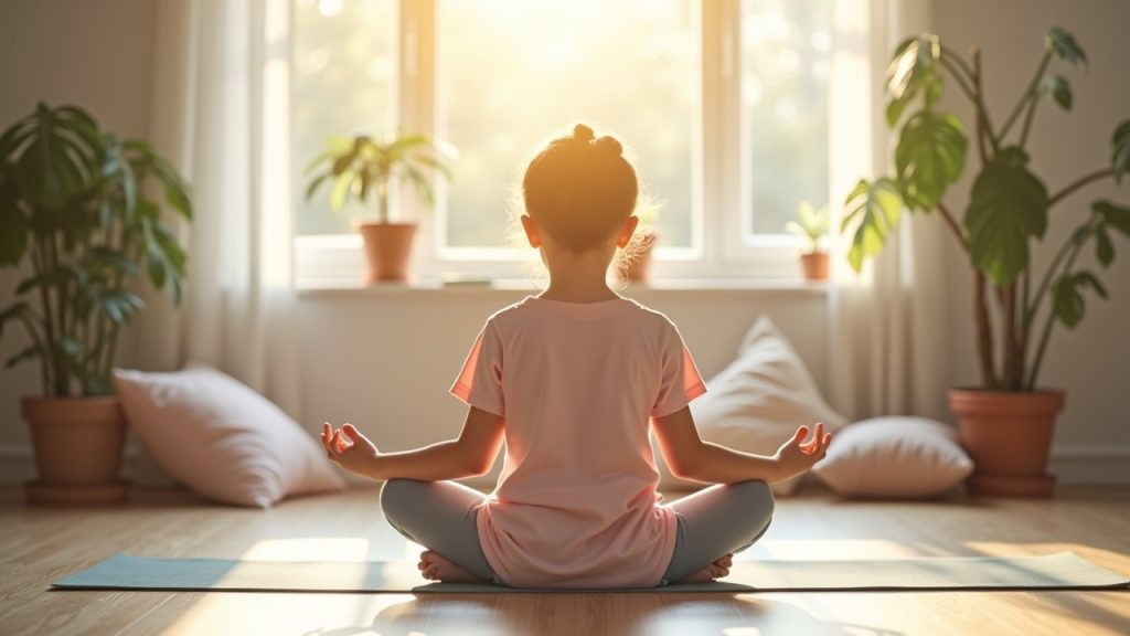 Child practicing mindfulness on a yoga mat in a peaceful room, demonstrating healthy coping strategies for managing OCD symptoms in kids.