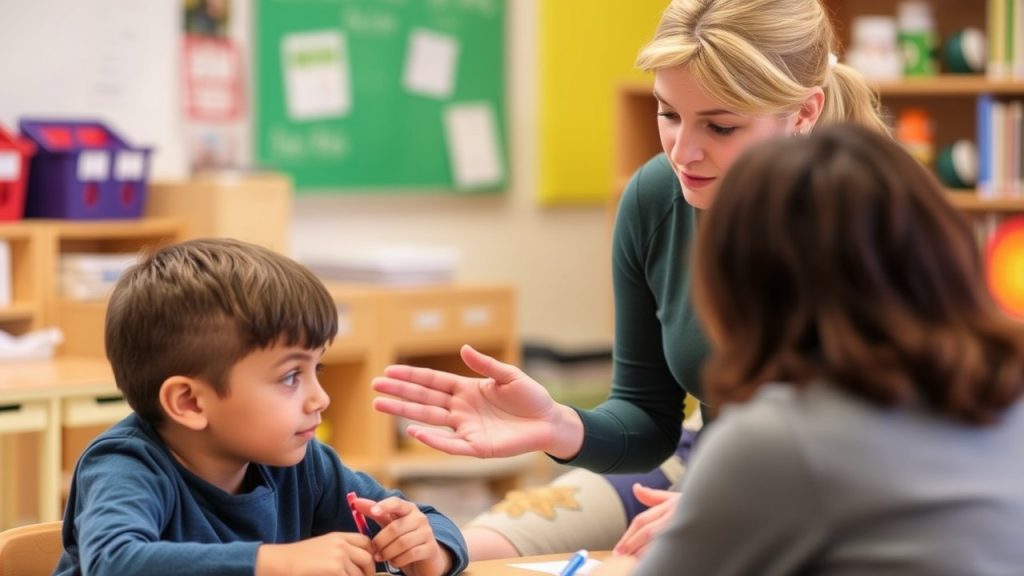 A teacher offering support to a child with OCD in the classroom, demonstrating school accommodations to help manage OCD symptoms.