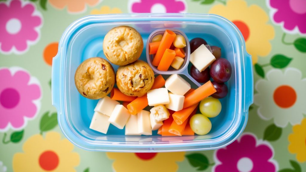 A colorful bento box filled with nutritious foods for toddlers, including mini muffins and cheese cubes, offering creative lunch options for busy parents.