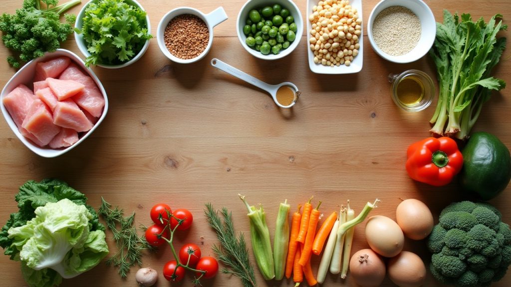 Fresh meal prep ingredients for new parents, including vegetables, grains, and proteins, arranged on a wooden countertop