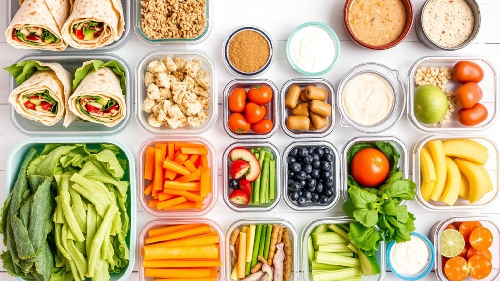 Organized meal prep station, featuring whole-grain wraps, fresh vegetables, and colorful fruits for picky eaters.