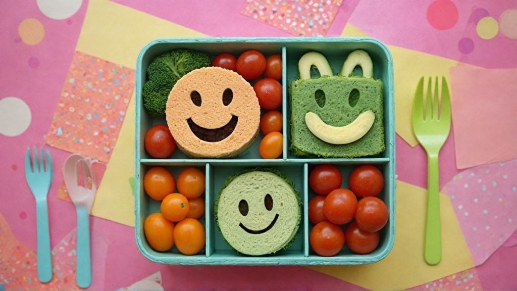 Whimsical bento box with toddler lunch ideas, featuring star-shaped sandwiches and colorful veggies arranged playfully.