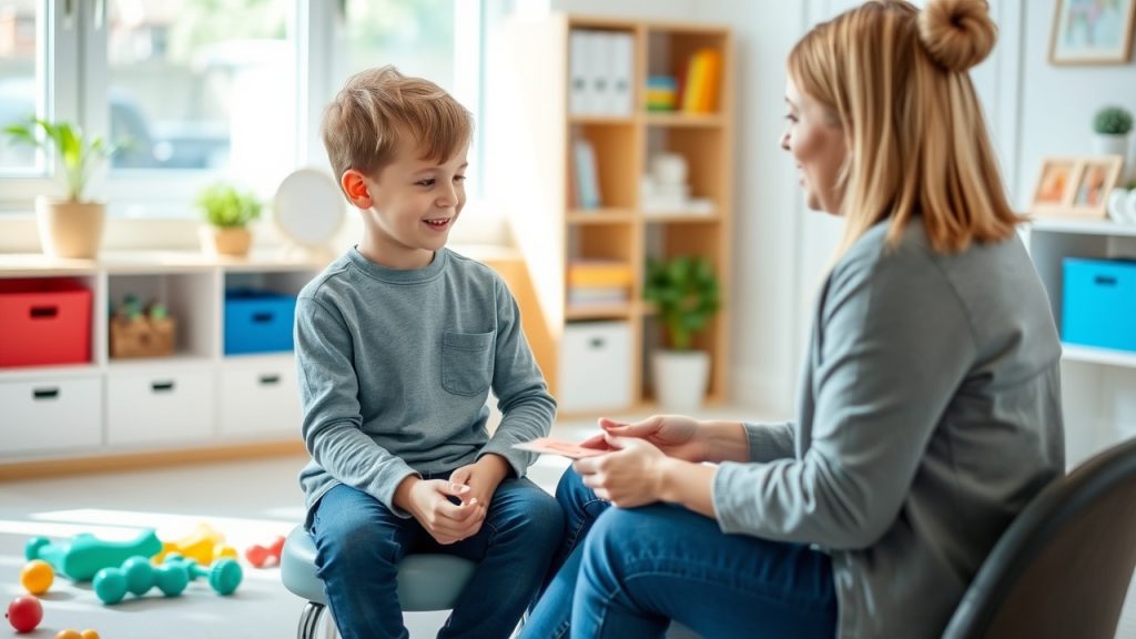 A child with OCD in therapy, learning about Cognitive-Behavioral Therapy (CBT) from a therapist in a welcoming office environment.