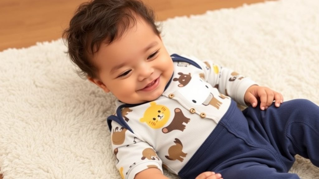 Baby in Carter’s animal-themed romper, highlighting practical and cute designs for playtime comfort.