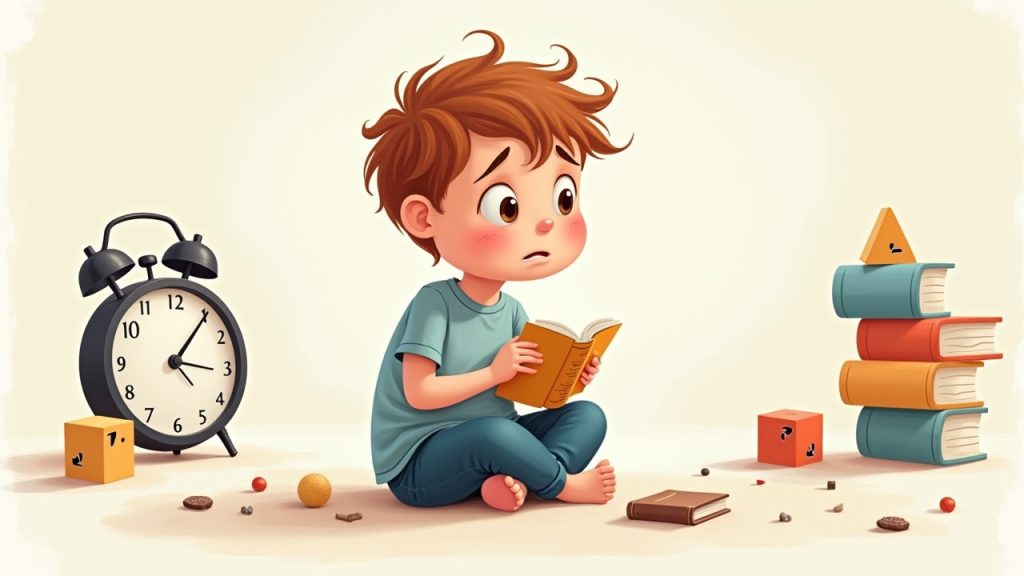 Young child sitting on the floor with a concerned expression, surrounded by elements representing OCD symptoms in kids, illustrating the emotional impact of the disorder.