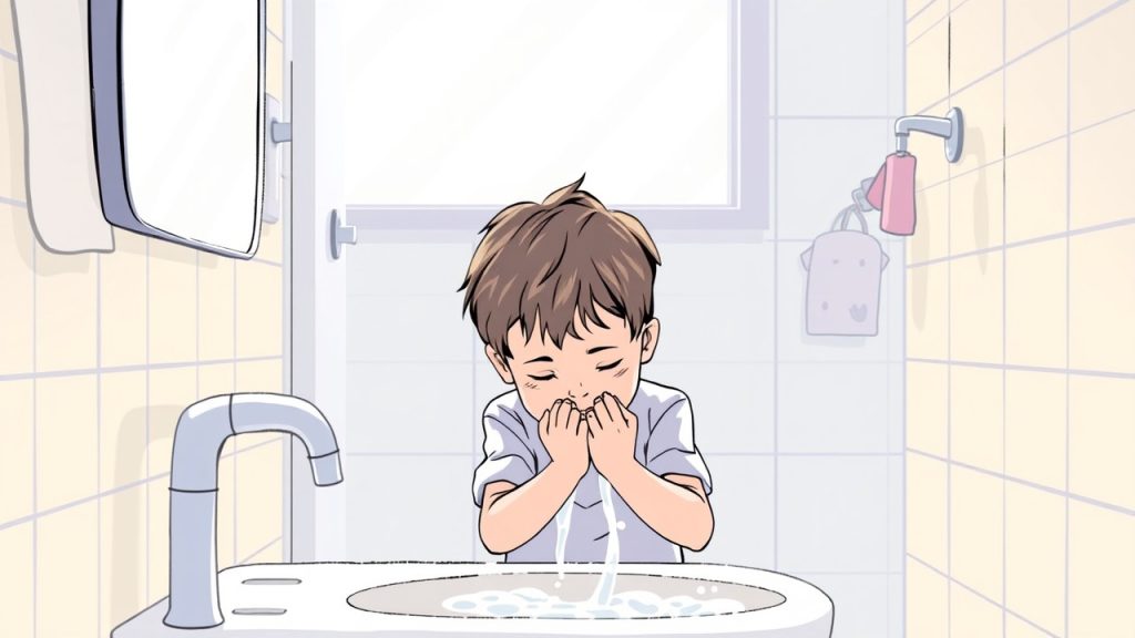 Child repeatedly washing hands in a bathroom, representing one of the early signs of OCD in children related to cleanliness.