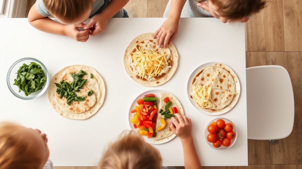 Overhead view of a parent and toddler making customizable quesadillas with colorful toppings in a bright kitchen, highlighting fun toddler lunch ideas and quick toddler lunch recipes.