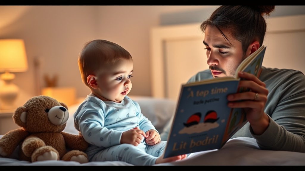 A baby being read to by a parent in a cozy, softly lit room as part of a calming bedtime routine for better sleep.