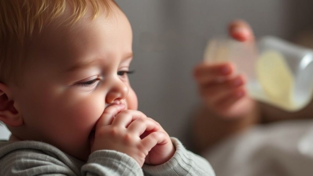 A baby sucking on their hands, signaling hunger, highlighting the importance of feeding during growth spurts to prevent frequent waking.