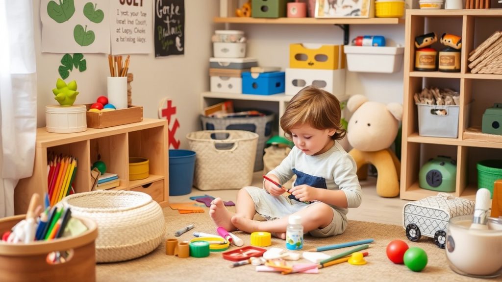 Cozy play corner filled with art supplies and toys, showcasing a child focused on a craft project, promoting independent play.