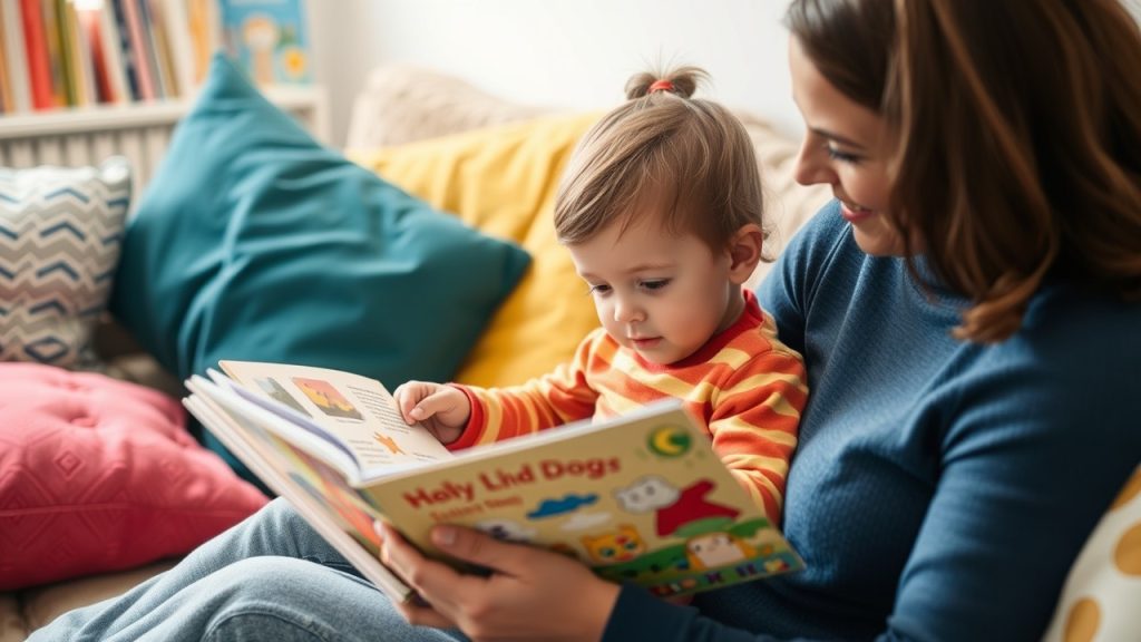 Parent reading a colorful storybook to a child in a cozy room filled with cushions and books, showcasing interactive storytelling.