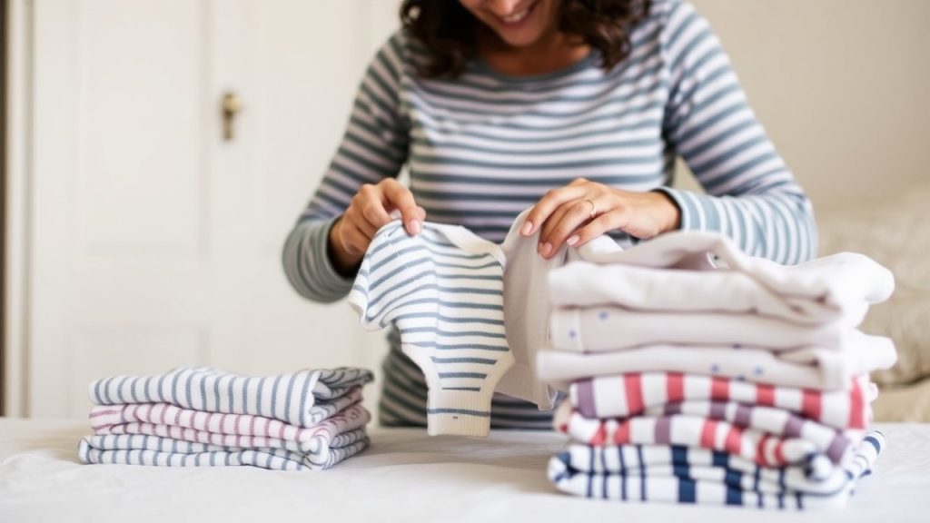 Mom caring for Carter’s baby clothes by folding freshly washed onesies, emphasizing durability and easy maintenance.