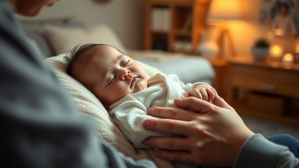 A baby being gently rocked to sleep by a parent in a quiet room, showing how rocking can create sleep associations in infants.