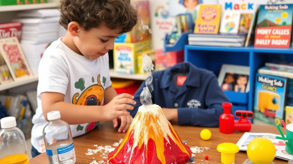 Child engaged in a science-themed playday, creating a baking soda volcano with vibrant colors and various science-related toys around.