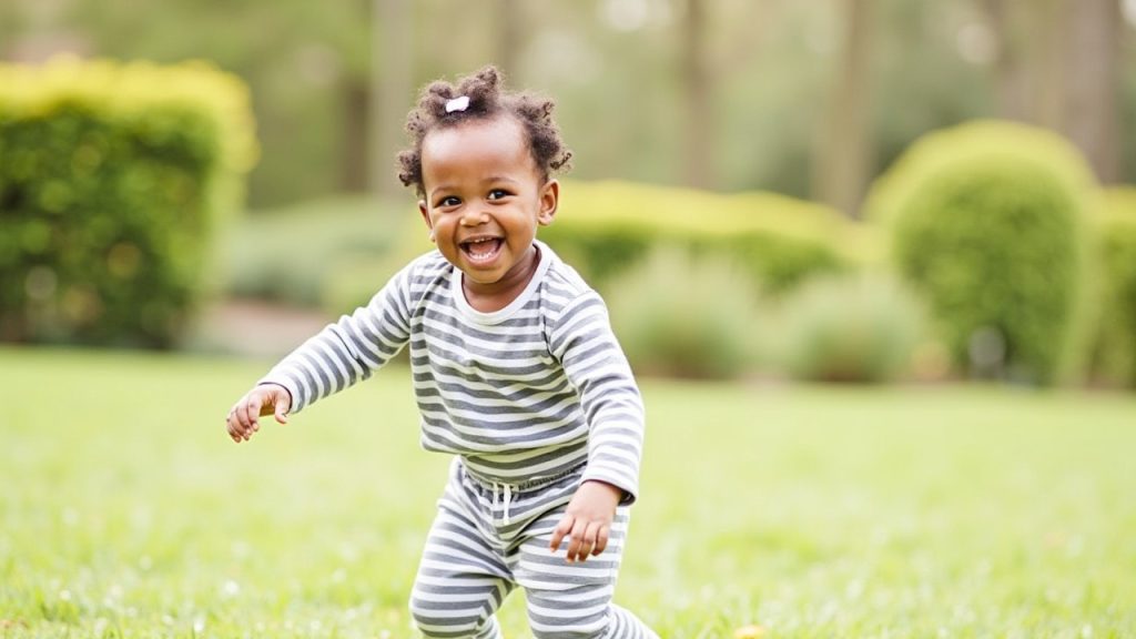 Toddler wearing a comfortable Carter’s outfit, playing in a park, showing the flexibility and comfort of Carter’s baby clothes.