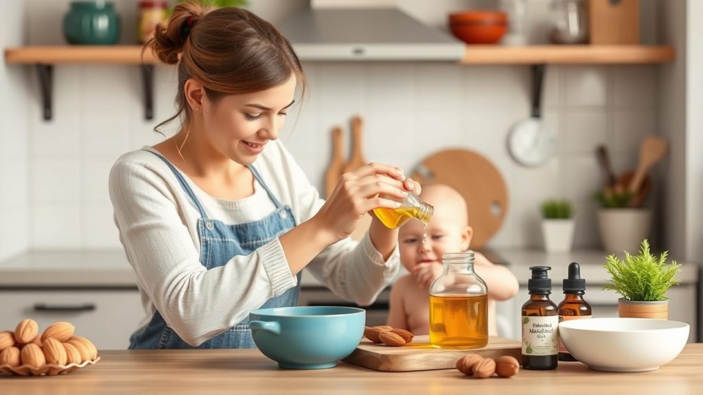 Homemade infant massage recipes being prepared in a kitchen, featuring natural ingredients like almond oil, highlighting safe practices for baby care.