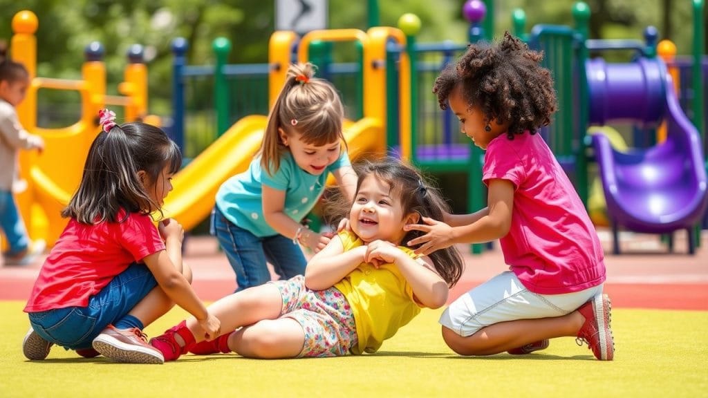 children playing together at a playground, interacting positively