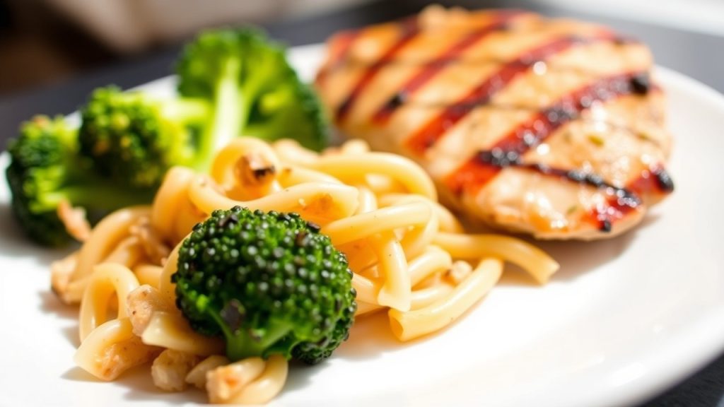 A close-up of Balanced Toddler Meals showcasing whole-grain pasta, steamed broccoli, and grilled chicken, designed to provide essential nutrients for young children.