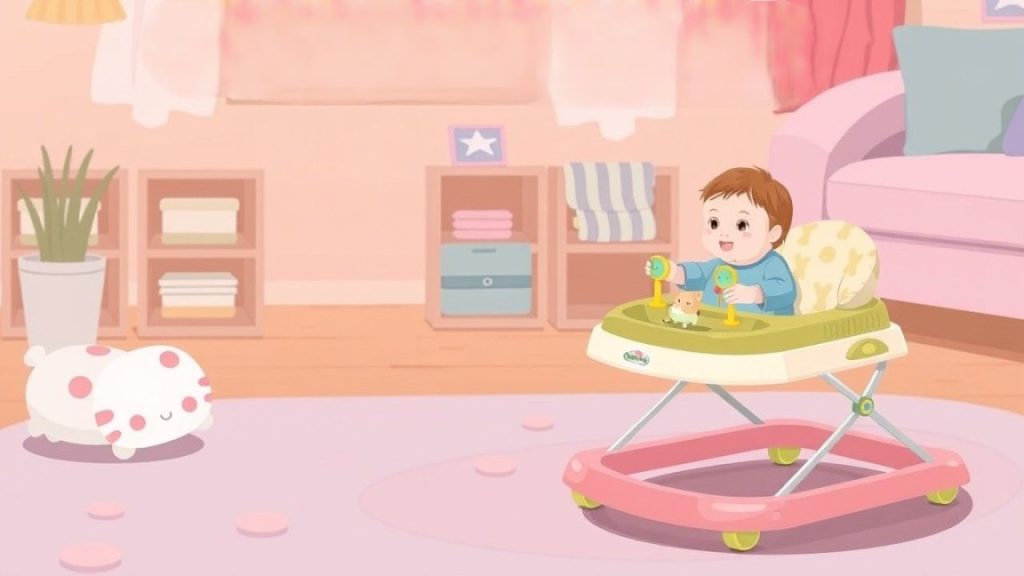 An infant joyfully using one of the Best Baby Walkers for Infants, highlighting its safety features and developmental benefits in a playful setting.