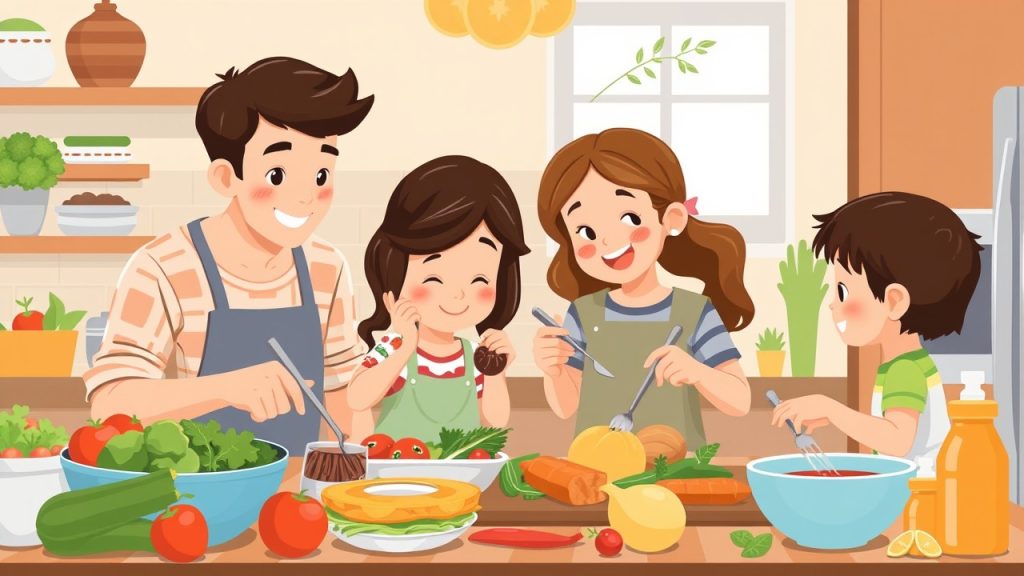 A family cooking balanced meals together in the kitchen, featuring fresh ingredients like vegetables and whole grains, promoting the importance of healthy eating habits from an early age.