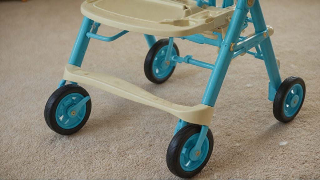 Close-up of baby walker safety features, including sturdy frame and adjustable height, ideal for parents searching for safe baby walkers.