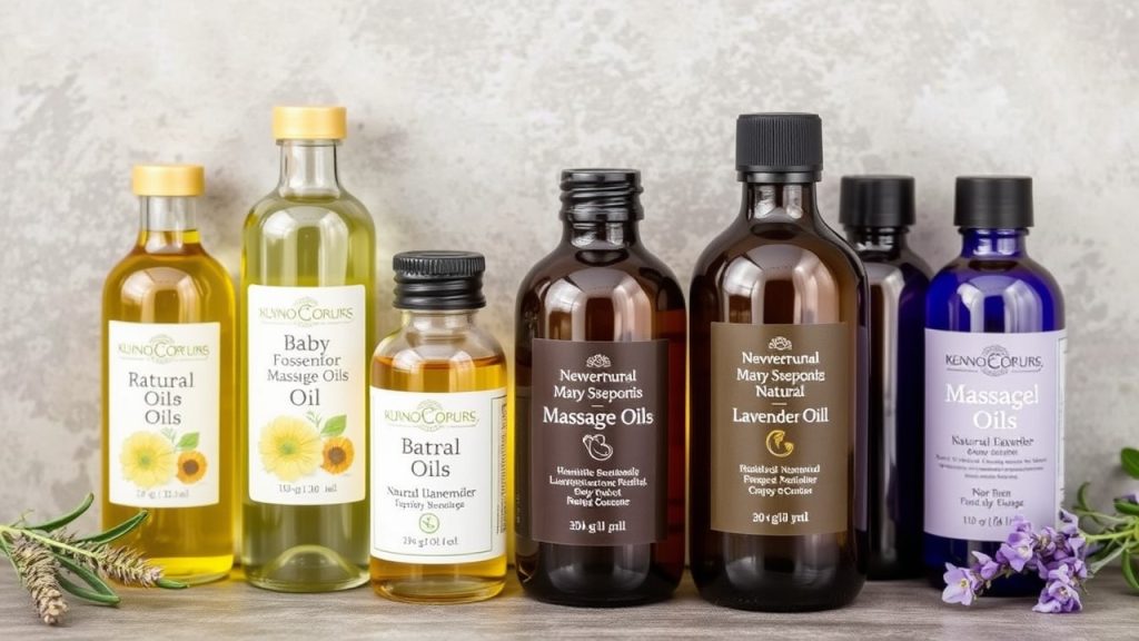 Natural baby massage oils displayed in glass bottles, including lavender and chamomile, emphasizing safe and organic options for baby skin