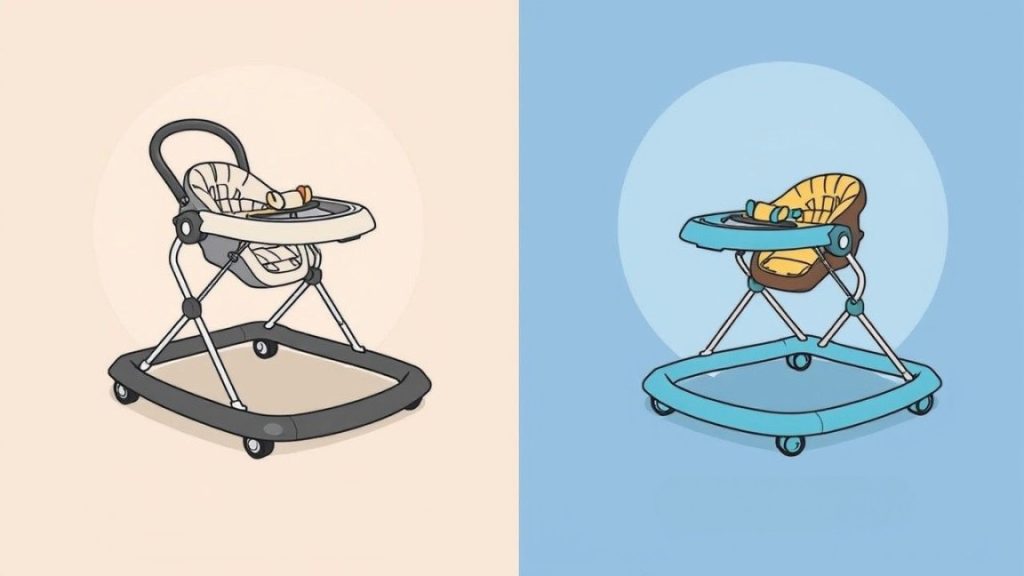 Comparison of two baby walkers: one with safety features and one without, guiding parents on baby walker safety tips to choose the safest option.