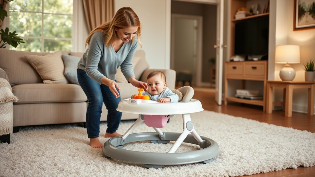 Parent supervising baby walker for an infant on a soft carpet, emphasizing baby walker safety tips for a secure environment.