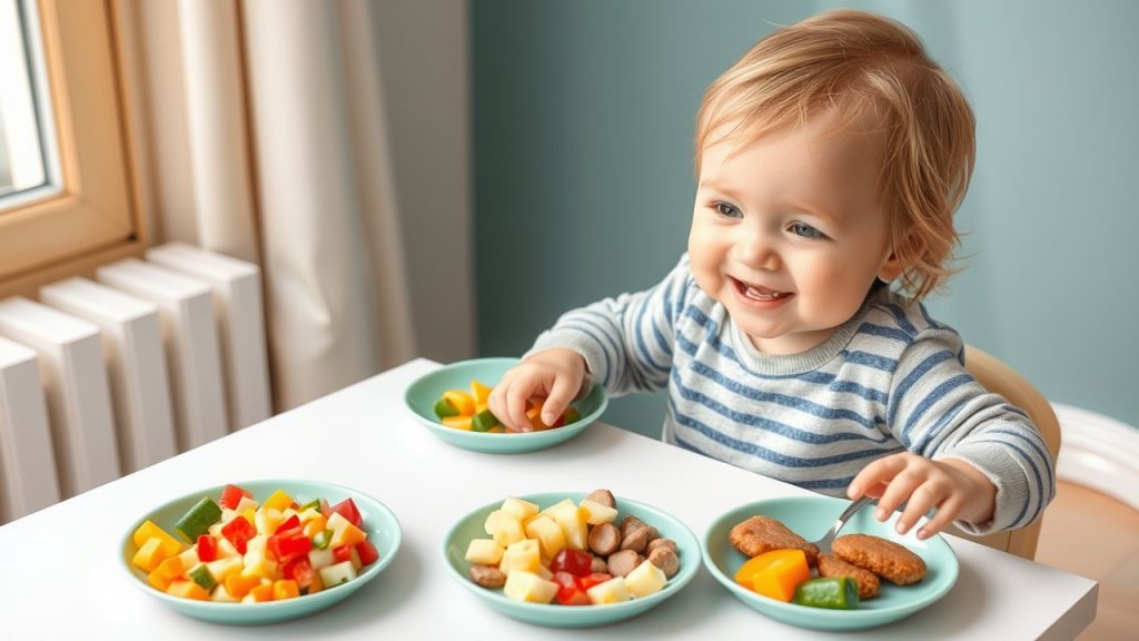 A toddler enjoying healthy toddler meals at a small table, featuring colorful plates with diced vegetables, fruit, and protein, highlighting the importance of balanced nutrition.